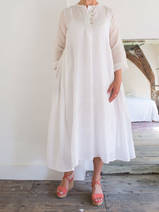 halflange jurk  van witte katoen met zijde