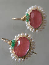 earrings Oval Mandala cherry quartz, pearls