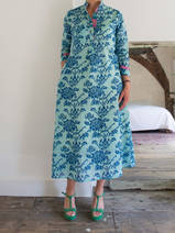 Long kurta - turquoise with abstract rose motifs in blue