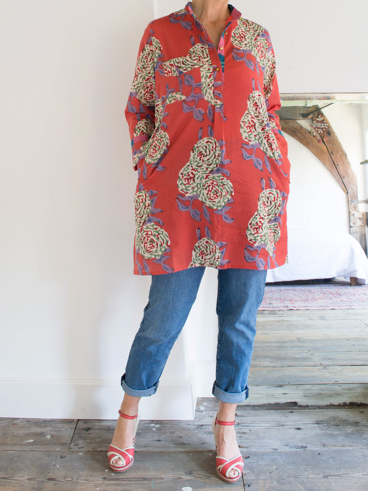 short kurta - brick red with peonies in white, lilac and green