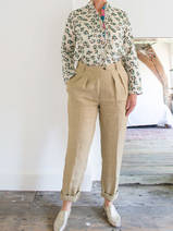blouse - creme met bruin en zeegroen 'panter' patroon