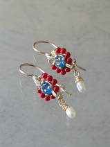 earrings Flower mini, red coral and blue crystal