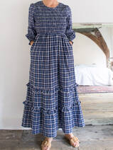handgeweven jurk van donkerblauwe geruite katoen
