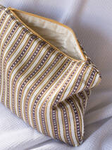 toiletry bag, beige, yellow and burgundy striped
