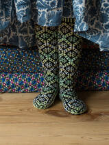 hand knitted stockings, yellow green white with black pattern