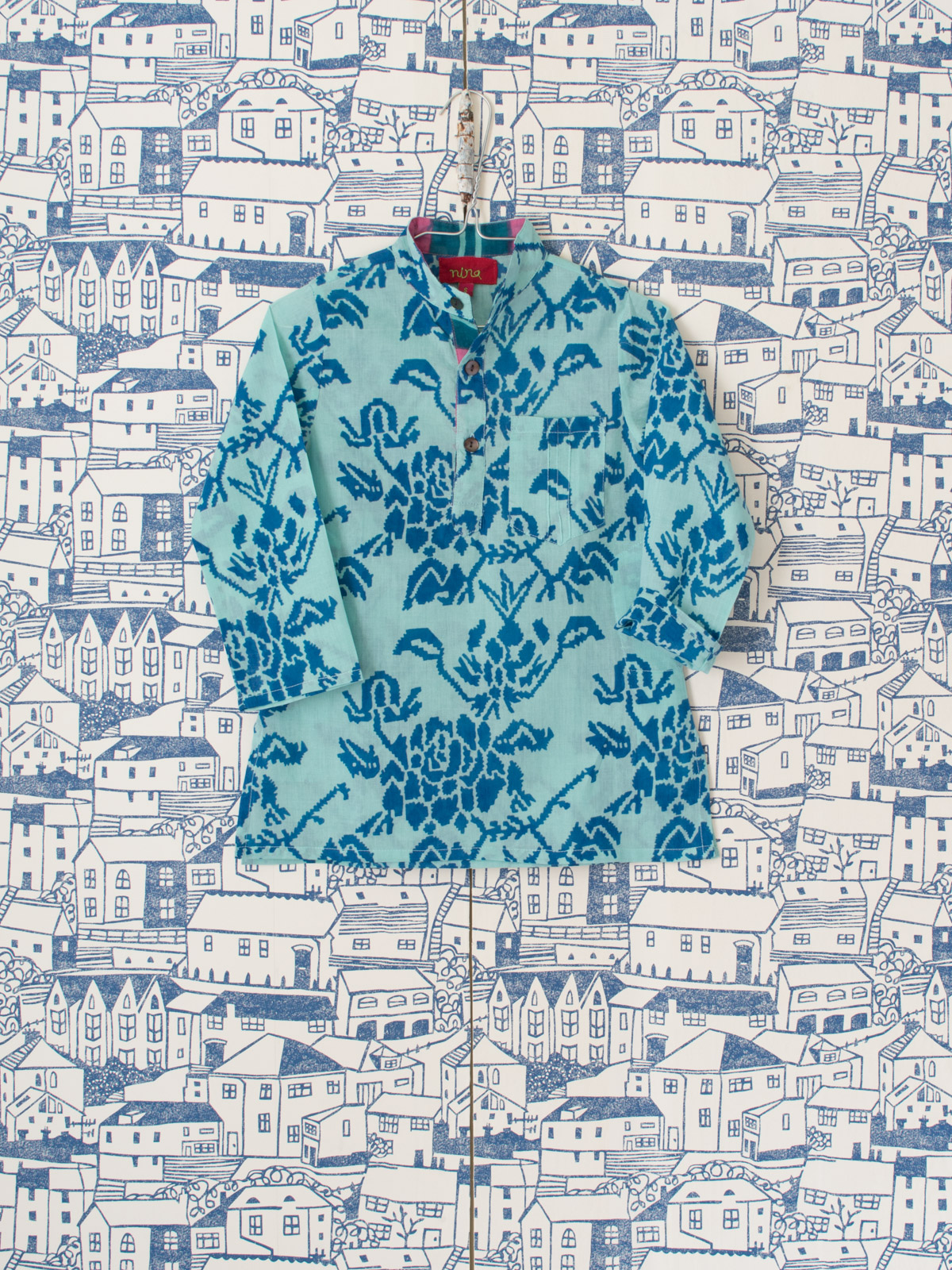 children's kurta - turquoise with abstract rose motifs in blue