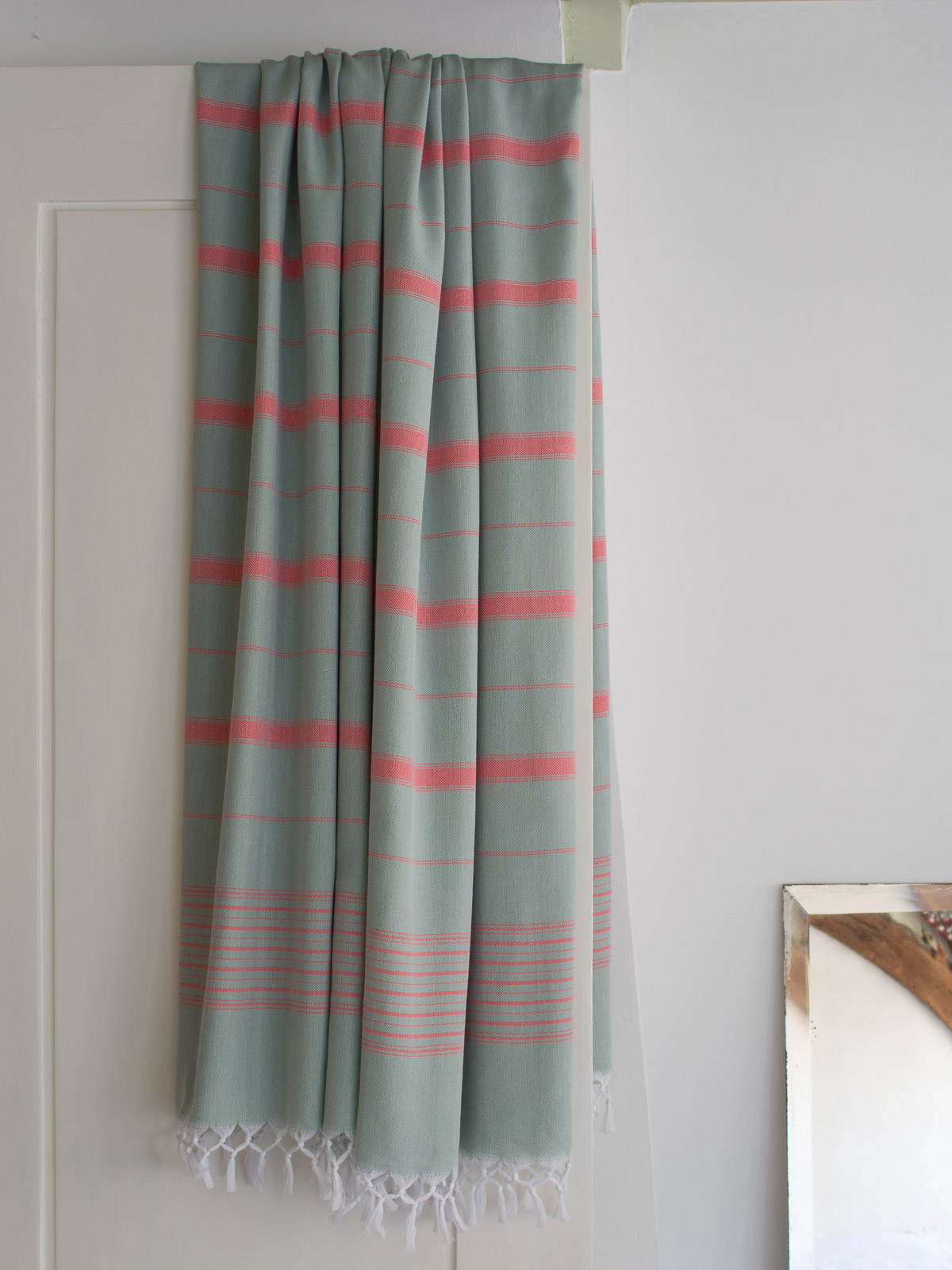 Asciugamano da hammam XL grigio-verde/rosso corallo 220x160cm