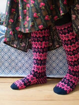 hand knitted stockings, dark blue with dark pink