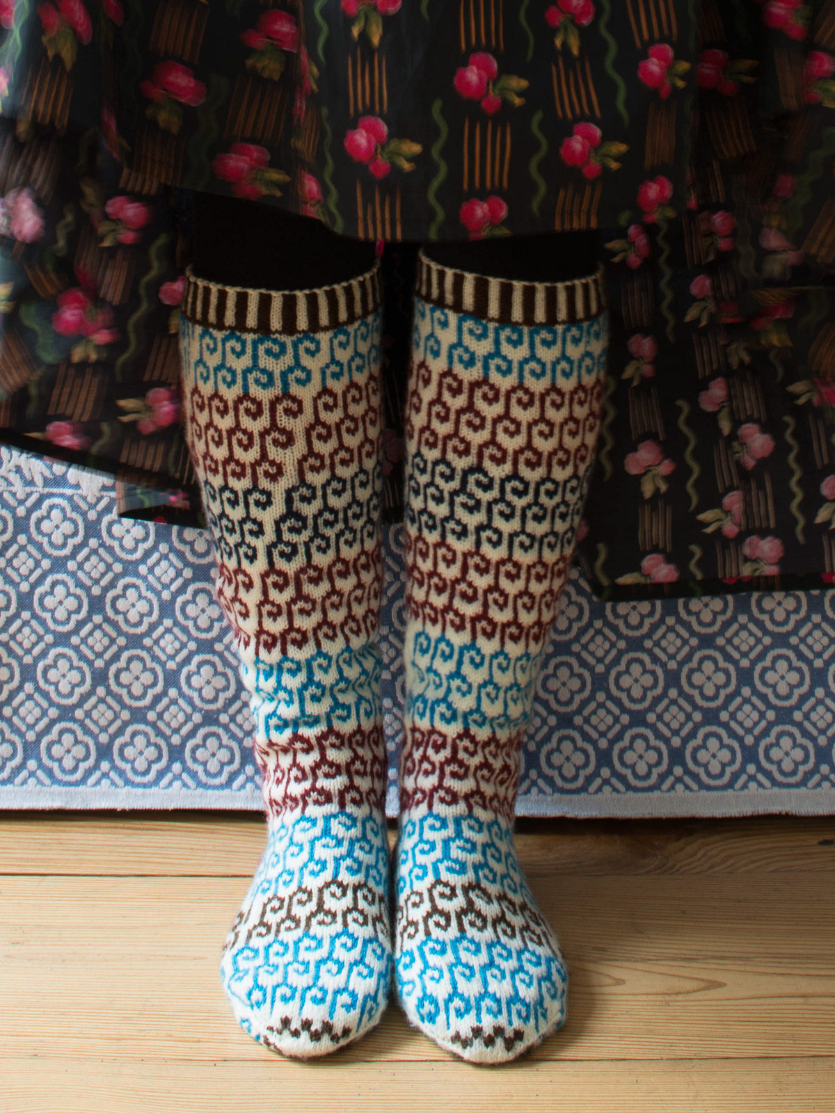 hand knitted stockings, wave pattern in various colors