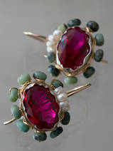 earrings Oval Mandala fuchsia crystal, turquoise