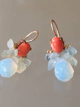 earrings Bee coral, aquamarine and opalite