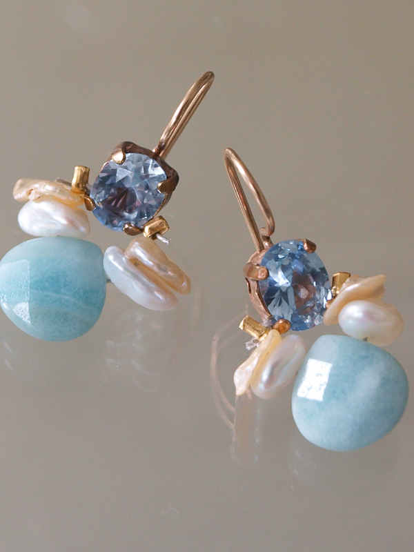 orecchini Bee cristallo blu, perle, amazzonite